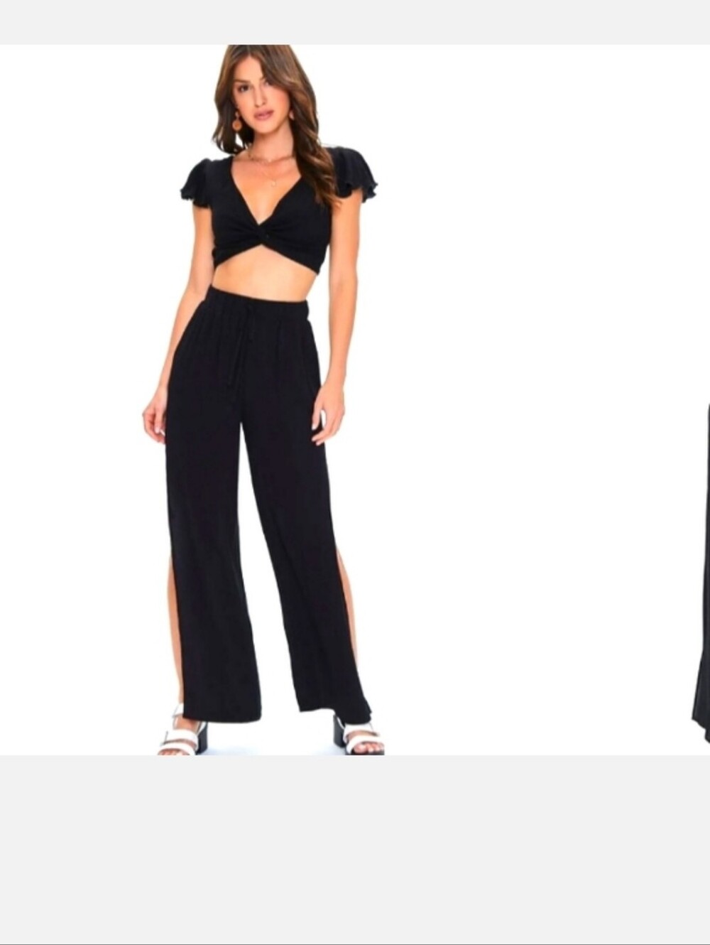 L-XL Two Piece Set Women's Black Ruched Crop Top And  Wide-Leg Split Hem Pants